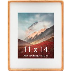 11x14 Frame Natural, Solid Cherry Wood 11 x 14 Picture Frame with Mat for 8 x 10 Image, Wall Gallery Mounting 14 x 11 Inch Large Poster Photo Frame