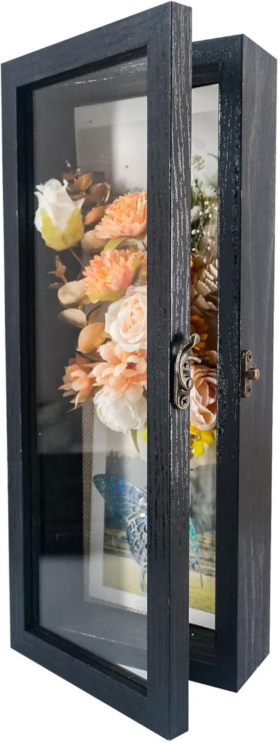GraduationMall 5x12.5 Wood Shadow Box Frame Glass Door Display Case with Linen Back and 6 Stick Pins,1.5 inches Interior Depth,Ideal for Memorabilia Pictures Flowers Medals Tickets Rustic Black