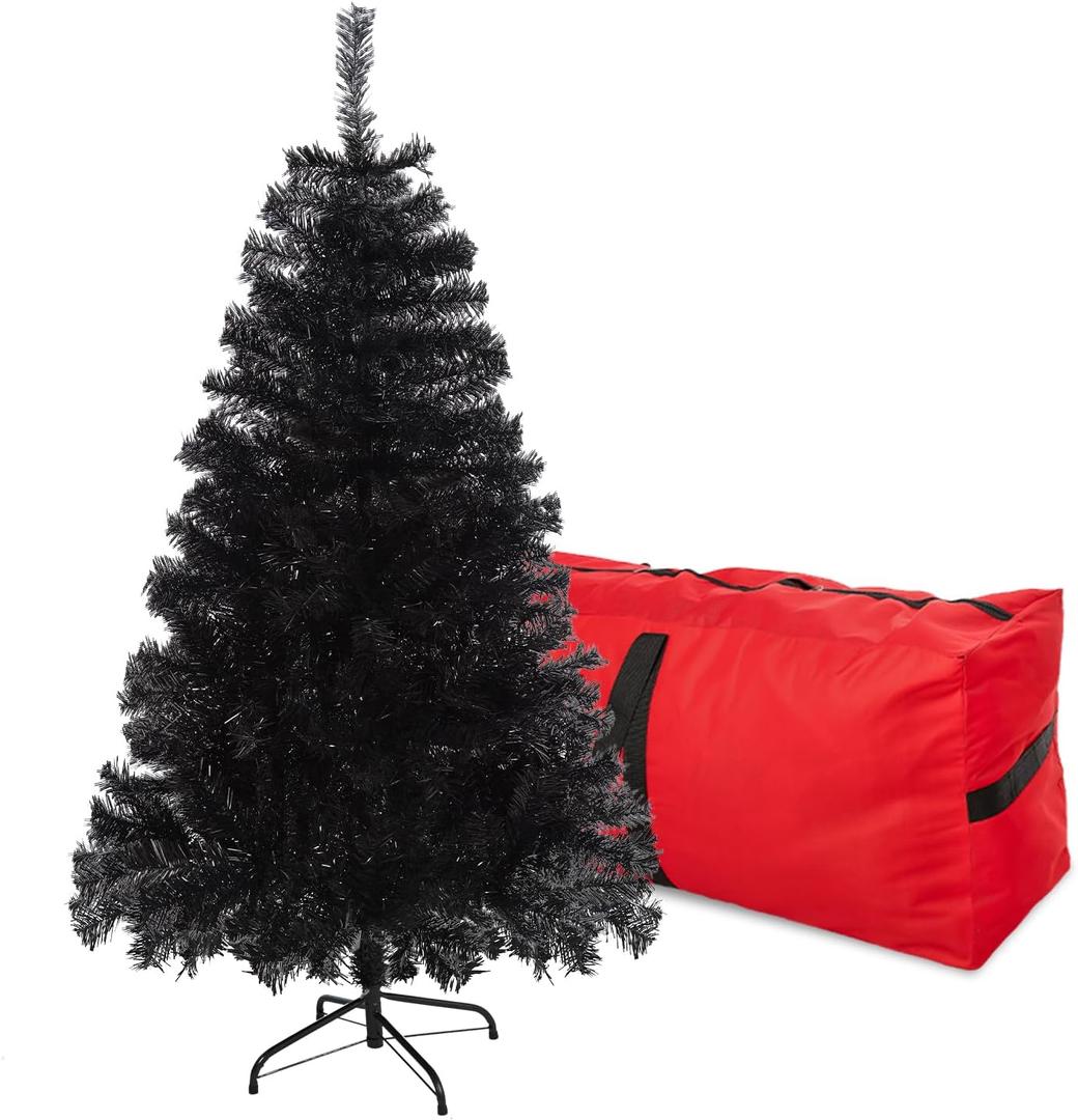 4FT Artificial Black Christmas Tree, Small Halloween Tree with 450 PVC Branch Tips & Foldable Metal Stand Seasonal Holiday Decoration