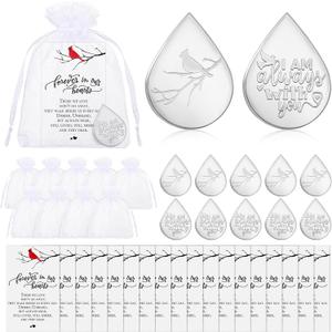 Ctosree 100 Set Funeral Gifts Celebration of Life Decorations Idea Mini Tear Shaped Memorial Ornament Pocket Token Cardinal Funeral Prayer Cards and Organza Bags Favors for Guests