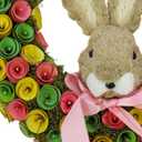 National Tree Company Artificial Hanging Wreath, Foam Base, Decorated with Colorful Flower Blooms, Ribbon, Bunny Head, Easter Collection, 16 Inches