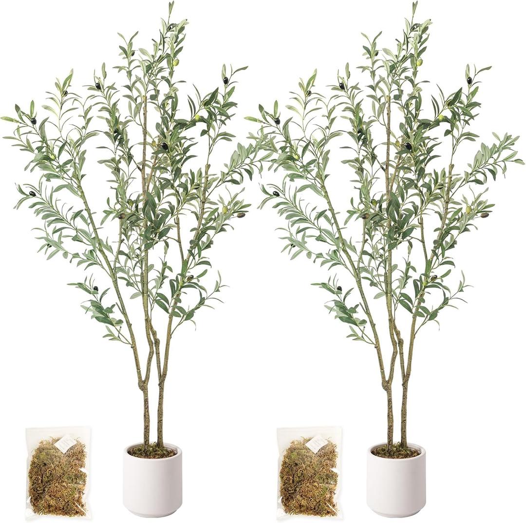 Artificial Fake Olive Tree 5FT Tall 2Pack with White Planter Faux Silk Olive Tree for Home Living Room Office Decor Faux Artificial Plants Indoor with Fruit & Free Moss