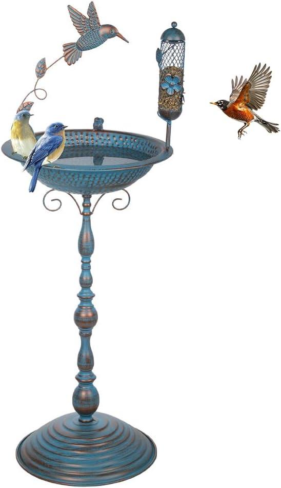 DREAMSOUL 40" Tall Pedestal Bird Bath for Outside, Metal Bird Bath and Feeder Combo Blue Birdbath for Garden Patio Decor