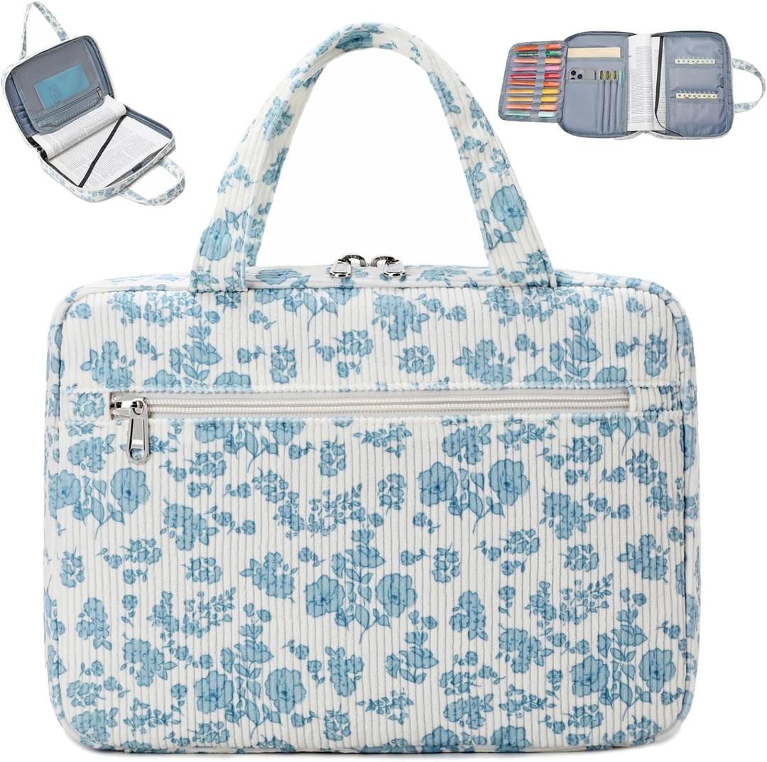 Octsky Bible Cover Case for Women Corduroy Bible Study Supplies Accessories Christian Gifts for Women, Floral Blue