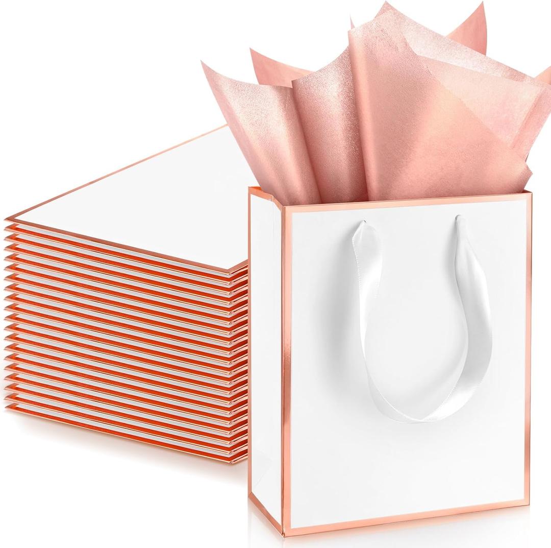 Yeaqee 24 Pack Metallic Paper Gift Bags with Handle and Tissue 9x7x3.1 Welcome Gift Thank You Bags for Wedding Father's Day Bridal Shower Groomsmen Birthday Party(White, Rose Gold)