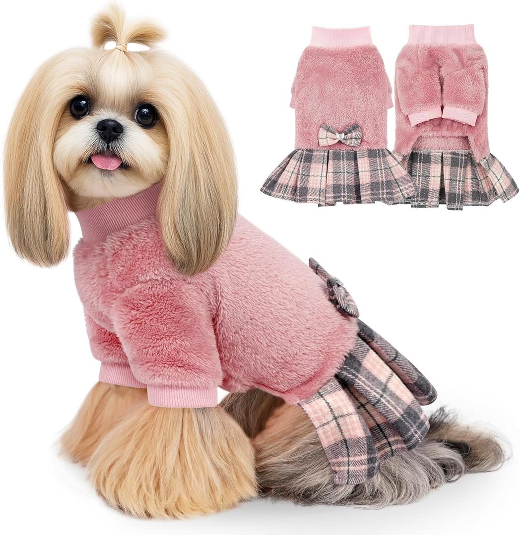 WOYYHO Small Dog Sweater Dress Winter Fleece with Plaid Skirt & Bowtie, Warm Long Sleeve Puppy Clothes for Chihuahua Yorkie Dachshund, Pink, Size M (Medium (7.5-12 lbs))