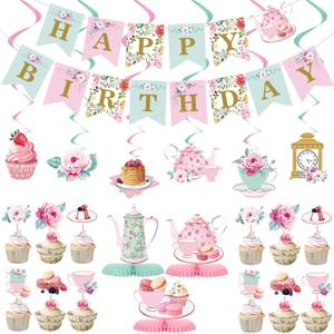 Zonon 40 Pcs Tea Party Decorations Set, Happy Birthday Banner with Cupcake Toppers, Table Centerpieces, Hanging Swirls, Floral Tea Party Supplies for Women, Girls, Princess, Baby Shower, Mothers Day
