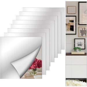 8 Pack Acrylic Mirror Stickers Full Length 12 x 12 Inch Self-Adhesive Flexible Plastic Mirror Sheets for Walls Bedroom Living Home Decoration