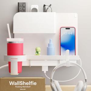 WallShelfie Bedside Wall Organizer & Dorm Decor - Dorm Room Essential, Floating Bedside Shelf Wall Mount Organizer, Remote Control Holder, Cool Teen Girls Trendy Stuff, Room Organization (White)