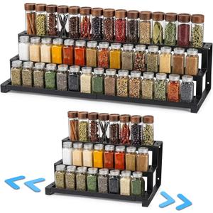 Expandable Spice Rack Organizer for Cabinet, Metal Spice Organizer Adjustable Length, Seasoning & Pantry Organization Shelf 3-Tier, Non-Skid Step Shelf for Kitchen Cabinet, Pantry or Countertop