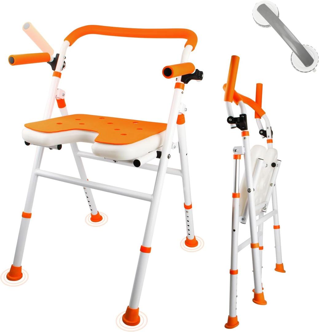 Foldable Shower Chair, Folding Bath Shower Seat for Inside Shower, Minimalist Shower Chair with Arms and Back Height Adjustable, Portable Safety Bath Chairs for Elderly, Seniors, Disabled