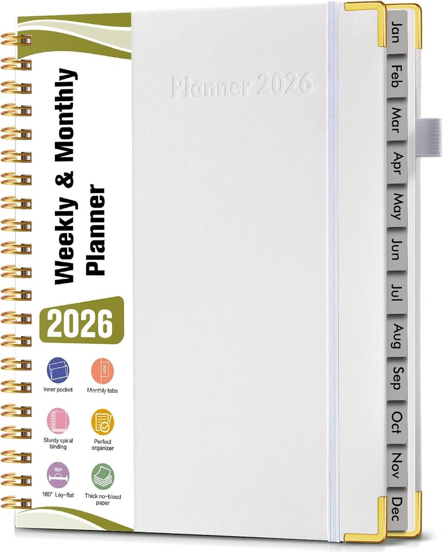 2026 Planner, Hardcover Leather Weekly and Monthly Planner, January 2026 - December 2026, Spiral Yearly Agenda Organizer Book 2026 with Tabs, Daily Calendar Planners for School Work Home, A4 (8.5" x 11"), White
