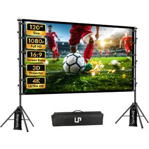 LP Outdoor Projector Screen with Stand, 120 inch Portable Projection Screen 16:9 4K HD Front Rear Projection Screen with Carry Bag, Sandbag - Wrinkle-Free Design for Home Theater Backyard Cinema