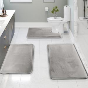Clara Clark 3 Piece Bathroom Rugs Bath Mat Set, Velvet Memory Foam Bath Mats for Bathroom - Non-Slip, PVC Backing Bath Rugs, Washable - Dries Quickly, Silver