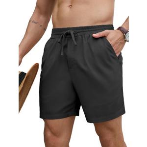 PLEPAN Mens 5 Inch Linen Shorts - Casual Elastic Waist Drawstring Summer Beach Shorts with Pocket (Black, XXL)