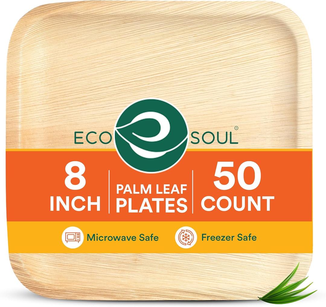 ECO SOUL Palm Leaf Like Bamboo Plates, 8 Inch Square, 50 Pack Bulk Disposable Appetizer & Dessert Tableware, Compostable Biodegradable Natural Wooden Small Party Plates for Wedding, Catering, Events