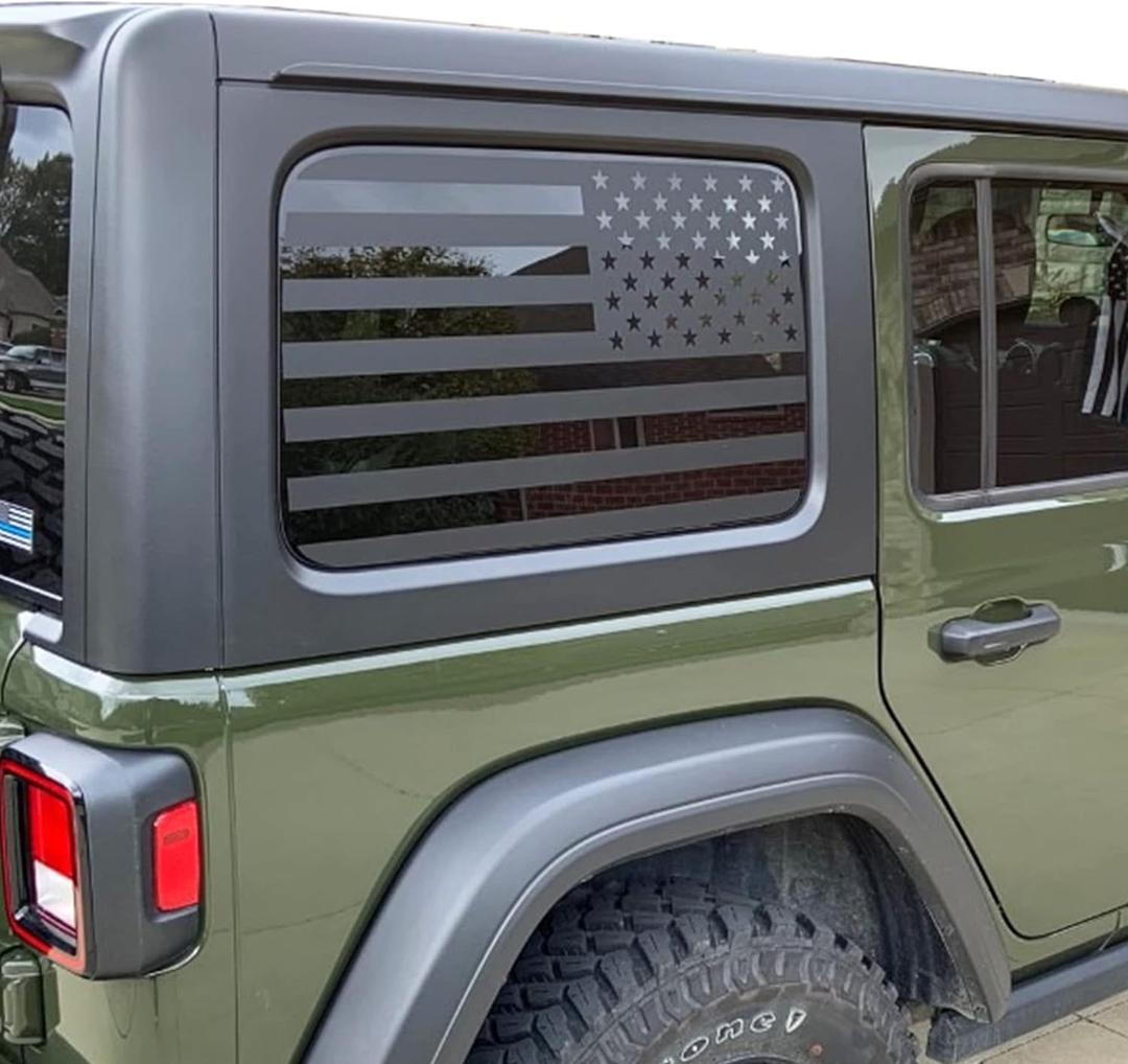 Rear Window American Flag Decal Fits Jeep Wrangler JK JKU 2011-2015 2016 2017 2018 (4-Door Version), Precut Back Side Window Glass USA Flag Vinyl Sticker Exterior Accessories (Matte Black)