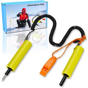 Huntury Retractable Ice Safety Picks- 11.5FT Extra Long Lanyard, Safety Whistle & Protective Covers, Durable Emergency Self-Rescue Spikes for Ice Fishing, Skating, Ice Walking & Winter Ice Activities