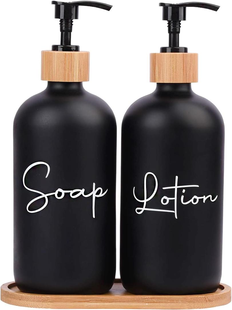 17 oz Hand Soap Dispenser Empty Glass Lotion Pump Bottles, Refillable Liquid Dish Soap Bottles for Bathroom Decor, Kitchen Sink, Matte Design and Wood Tray, Pack of 2, Black