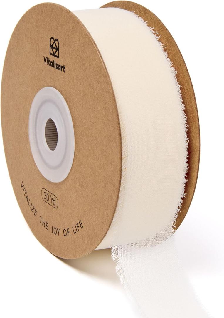 Vitalizart 1" x 30 Yd Chiffon Ribbon Ivory White Silk Like Handmade Fringe Fabric Ribbons for Wedding Invitations Bridal Bouquets Party Decoration Gift Wrapping Bow Making