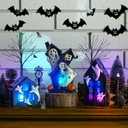 15 Pcs Lighted Ceramic Halloween Village Accessories Set Spooky Houses Miniatures Include 3 LED Ceramic Halloween Haunted Houses 2 Birch Tree 8 Pine Tree and 2 Streetlamps Tabletop Ornament for Table