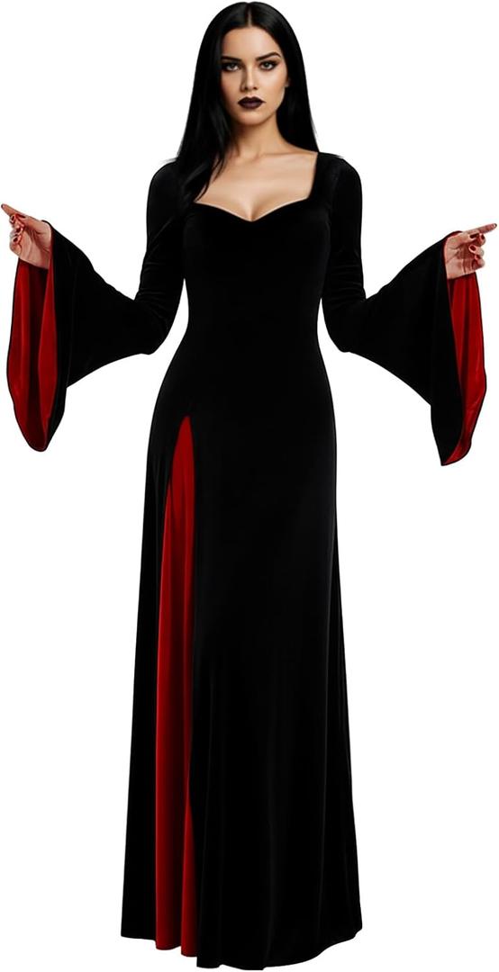 Halloween Costume Women, Black Gothic Maxi Gown, Long Sleeve Black Dress for Halloween Vampire Witch Cosplay Outfit (XX-Large)