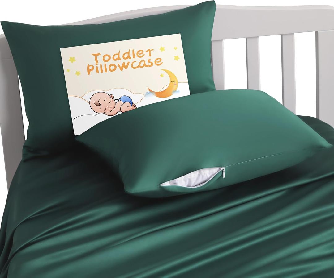 NTBAY Zippered Silk Satin Toddler Pillowcases - 2 Pack Hidden Zipper 13x18 Pillowcases - Luxury and Silky Baby Travel Pillow Covers, Dark Green