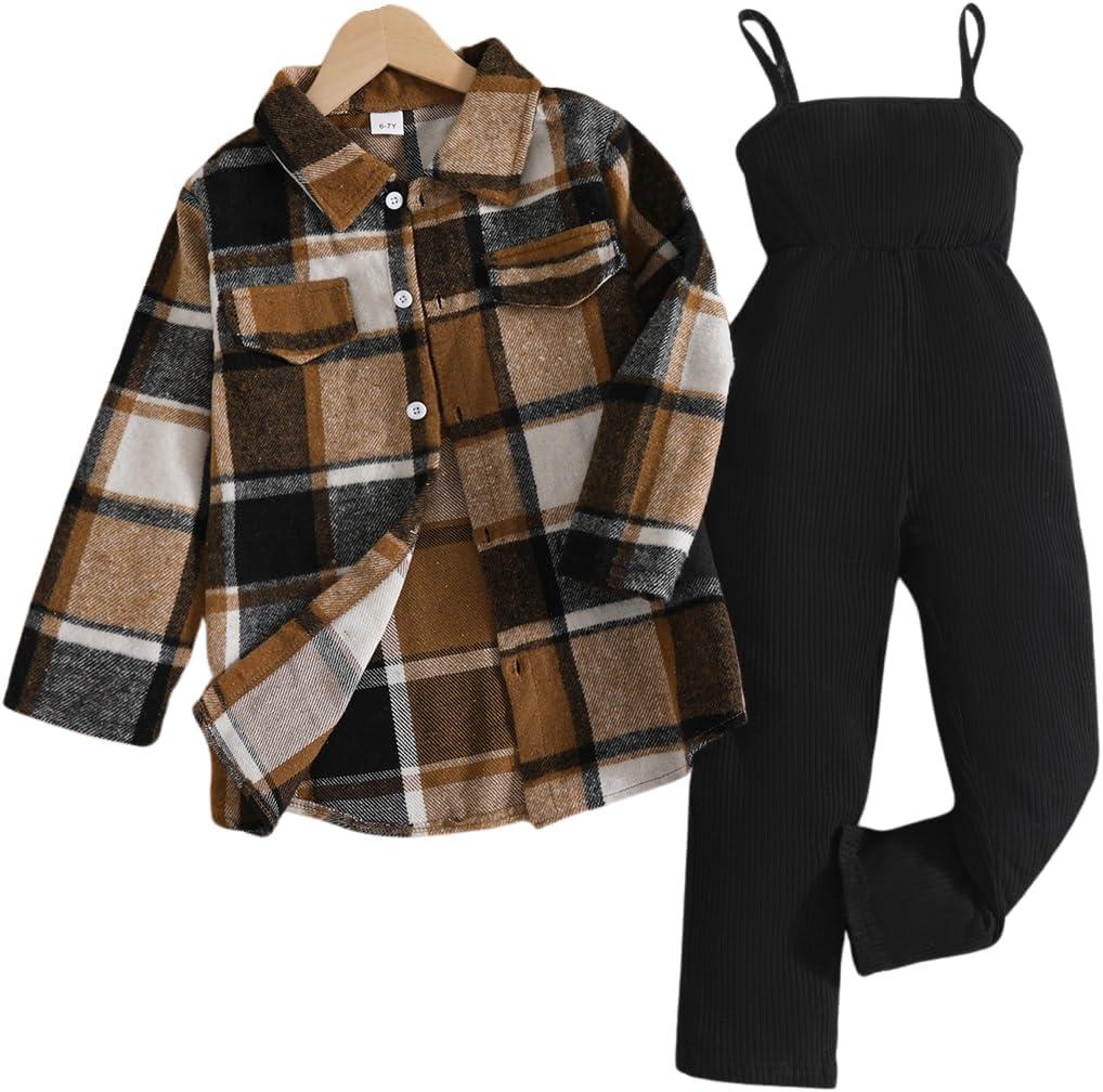 Toddler Girl Clothes Plaid Long Sleeve Button Down Shirt Corduroy Overall Jumpsuit Girls Fall Winter Outfit Set (7-8 Years)