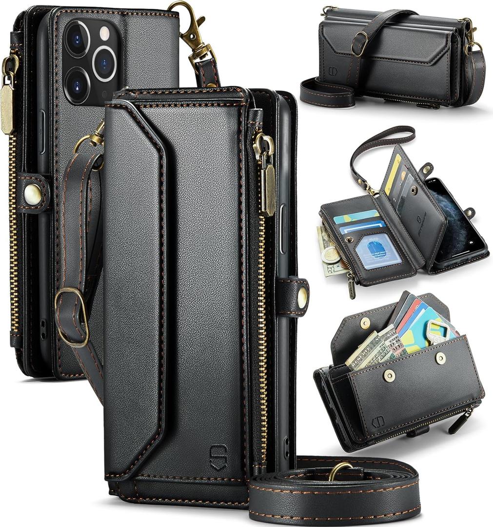 Strapurs Wallet Case Compatible with iPhone 11 Pro RFID Blocking 7-Card Holder Soft PU Leather Magnetic Snap Shoulder Strap Zipper Pocket Phone Case Fit for iPhone 11 Pro 5.8" - Black