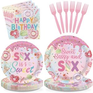 96 Pcs Sweet Sassy and 6 Birthday Decorations Donut 6th Birthday Party Decorations for Girls Colorful Donut Plates and Napkins 6 Years Old Disposable Party Supplies Serves 24