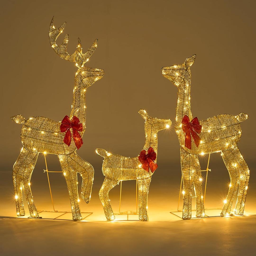 JOIEDOMI 3 Pcs 2D Christmas Elegant Golden Reindeer Family Yard Light Decorations, 180 LED Warm White Lights with Metal Stakes for Indoor Outdoor Garden Holiday Dcor, Christmas Eve Night Dcor