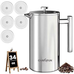 Premium Stainless Steel French Press Coffee Maker (5 Pack Filter)- 34oz/1L Thermal Insulated, 304 Rust-Proof Metal Press - Heat-Resistant Ergonomic Handle BPA Free(Dishwasher Safe)