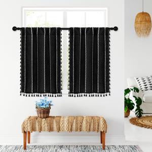 MitoVilla Black White Boho Kitchen Curtains 24 Inch Length Sets, 2 Panels Farmhouse Cafe Curtains with Tassel, Short Tier Small Cotton Linen Curtain for RV Bathroom Sink Cabinet Half Door Bay Windows