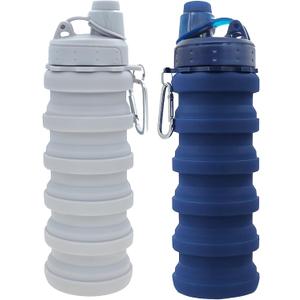 Collapsible Water Bottles Travel water bottle Sports Portable Sport Water Bottle Reusable Water Bottles comes with mountaineering Buckle 500ml silicone Water-proof camping water bottle (Light grey+Dark blue)