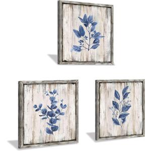 Leaves Wooden Wall Art Plant: Natural Botanical Print on Rustic Wood Artworks Painting Framed for Dinging Room (12x 12x 3 Panels)