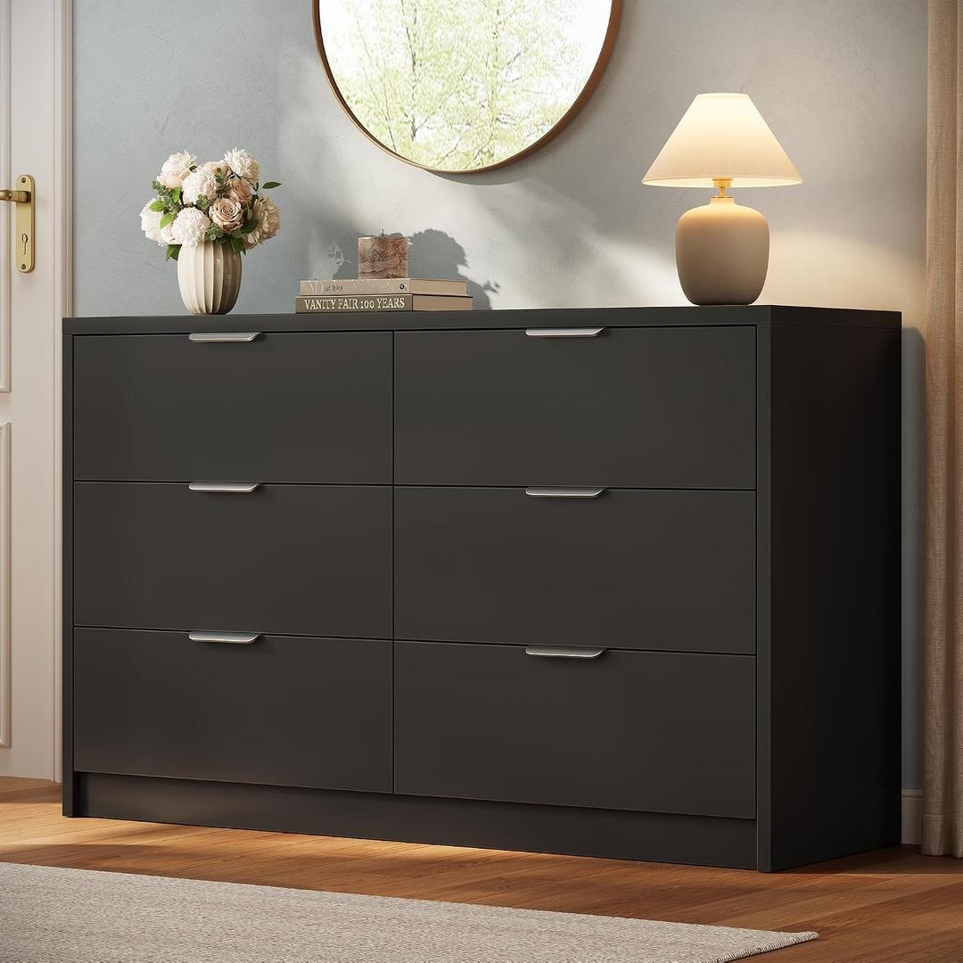 MapleGrace 53" Wide 6 Drawer Dresser for Bedroom, Modern Simple Wood Dresser Chest of Drawers Closet Store Organizer for Living Room, Hallway, Black, 15.4"D x 53.1"W x 30.7"H