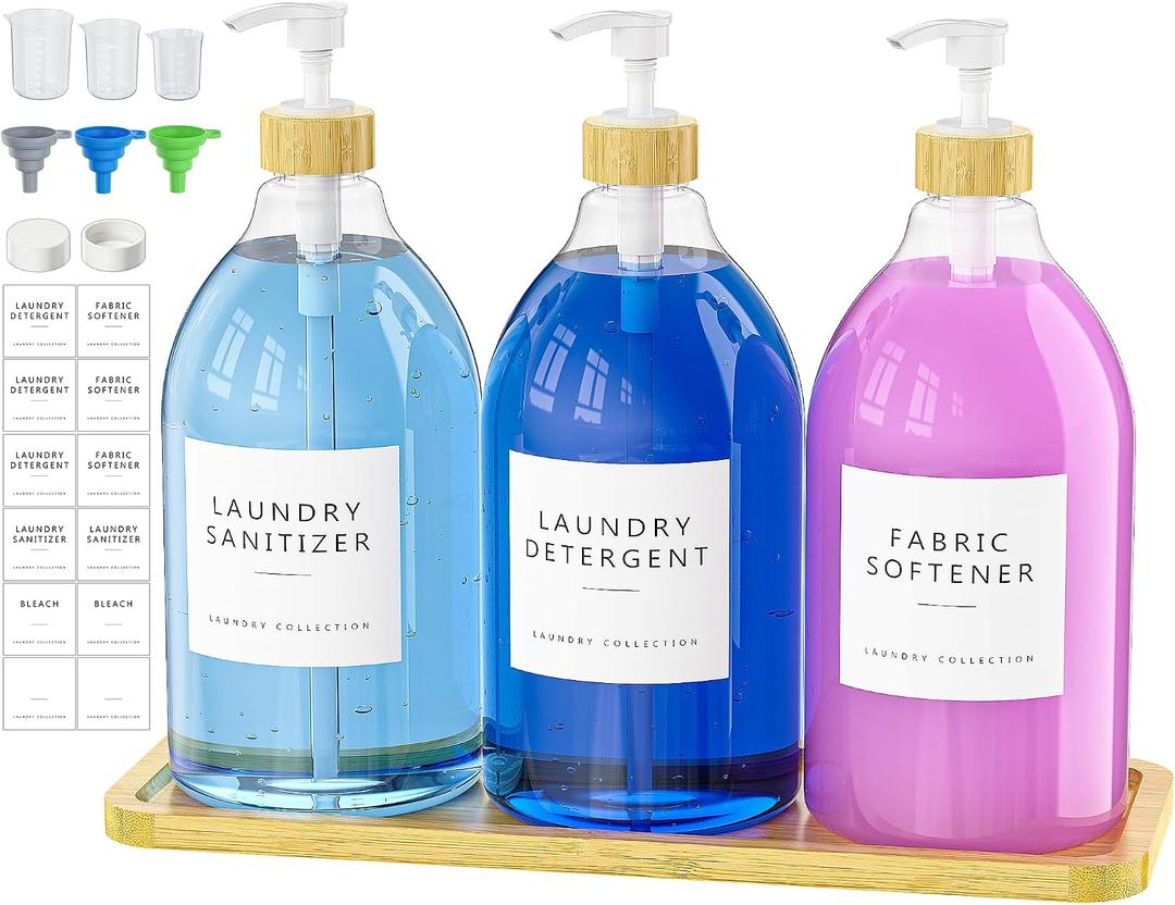 Moforoco 3 Pack White Liquid Laundry Detergent Dispenser with Bamboo Tray, 64 Oz Plastic Laundry Soap Dispenser, Fabric Softener Dispenser with Pump and Labels for Laundry Room Decor and Organization