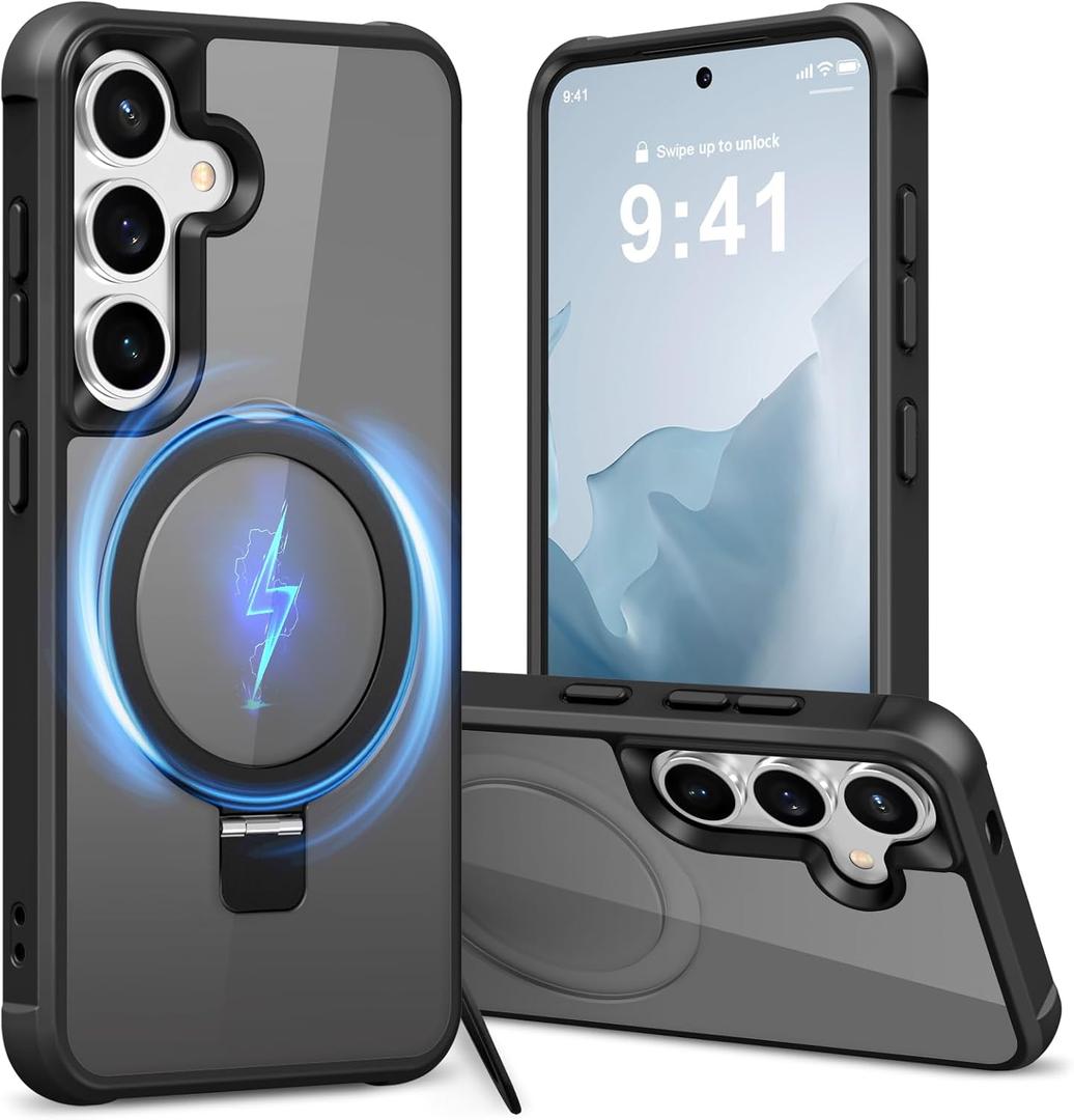 2 x Hocase for Samsung Galaxy S25 Case, with Ring Stand [Magnetic Wireless Charging Supported] [Military Grade Protection] Slim Shockproof Translucent Protective Phone Case - Black