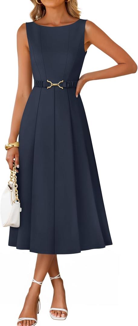 ZESICA Women's Summer Sleeveless Midi Dresses 2026 Elegant Boat Neck A Line Tie Waist Spring Cocktail Party Dress, Navy, Large 