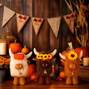 3 Pcs Thanksgiving Highland Cow Stuffed Animals 11 Inches Scottish Highland Cow Plush Cute Cattle Plush with Pumpkins Sunflowers and Bells for Birthday Party Gift Fall Harvest Home Decor
