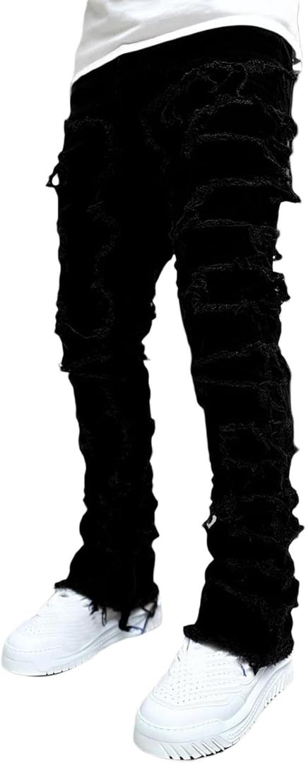Stacked Jeans Men Skinny Ripped Jeans Slim Fit Denim Pants Y2K Goth Harajuku Emo Jeans Trouser (Medium, B01-02)