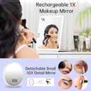 FUNTOUCH Large Rechargeable Travel Makeup Mirror with Light, 2500mAh Portable Makeup Mirror with 10X Magnifying Mirror 3 Lighting Modes, Dimmable Touch, Tabletop Folding Travel Mirror with Storage Bag