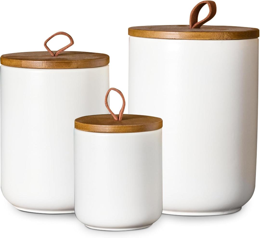 JOJUNO White Ceramic Canister Set with Wooden Lid, 3-Piece Airtight Food Storage Jars for Kitchen Counter - Flour, Sugar, Coffee, Tea, Spice - Small, Medium, Large Sizes (12/30/48 oz/White)