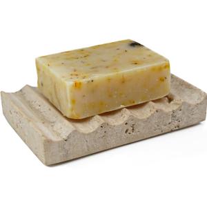 Natural Travertine Soap Dish, Draining Soap Dish for Shower, Stone Bar Soap Holder with Feets,Gorgeous for Soap Tray for Bathroom Shower Kitchen Counter Sink, Beige