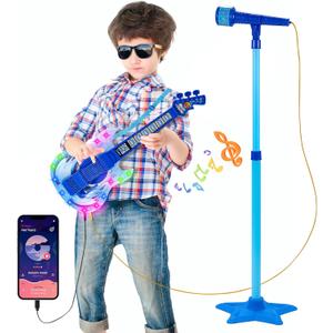 Guitar and Microphone Play Set for Boys New Upgrade,Karaoke Machine with Music&Light,Microphone Toys with Stand,Adjustable Height Guitar Toys for Kids,Toddlers,Child (Blue)