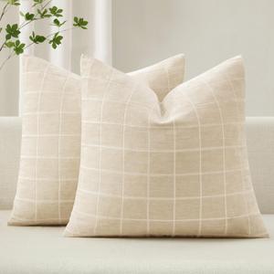 MIULEE Decorative Chenille Check Throw Pillow Covers Vintage Plaid Couch Pillows 18x18 Inch Set of 2 Neutral Boho Farmhouse Cushion Covers Modern Spring Home Decor for Sofa Bed Living Room Beige