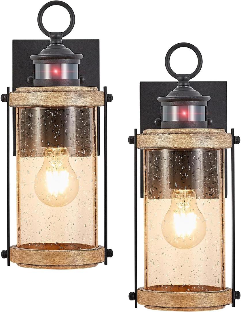 Motion Sensor Outdoor Wall Lights Waterproof,Dusk to Dawn Outdoor Lighting,Outdoor Lights for House with Seeded Glass,Matte Black & Wood Grain Finish,2 Pack