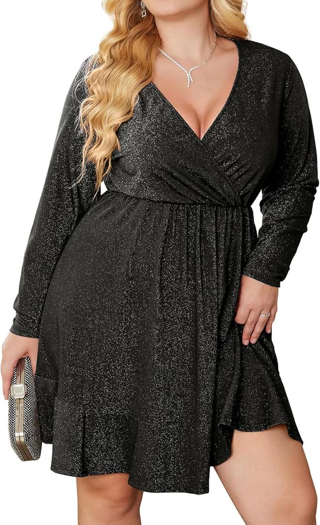Zeagoo Plus Size Womens Glitter Dress V Neck Long Sleeve Ruffle Hem Swing Club Cocktail Party Dresses (Black, 18 Plus)