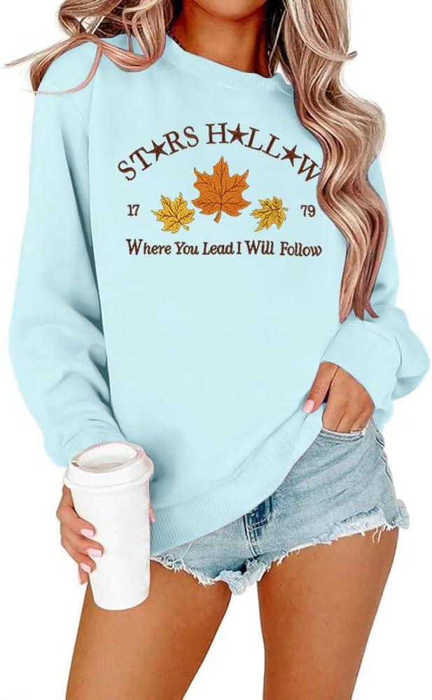 MYHALF Crewneck Sweatshirt for Women Fall Leaf Graphic Sweatshirts Vacation Long Sleeve Drop Shoulder Pullover (Blue, L)