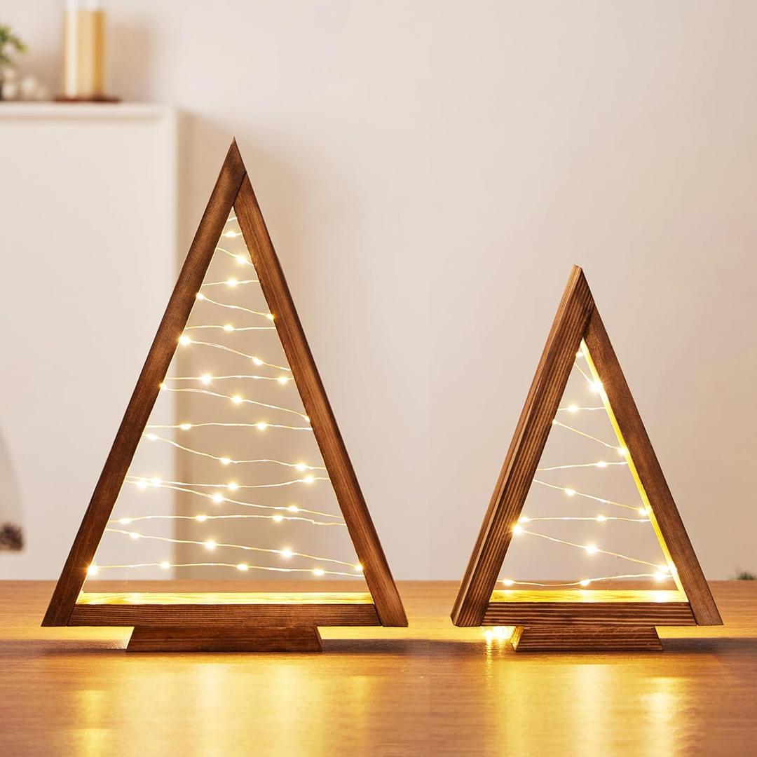 2 Pack Wood Tabletop Christmas Trees with Lights, Christmas Decorations Indoor, Modern Farmhouse Christmas Decor Small Trees for Table, Mantle, Shelf (13.4" and 10" Tall)